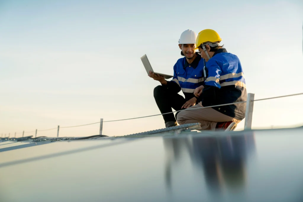 Técnicos conferem os painéis solares no telhado de uma fábrica
